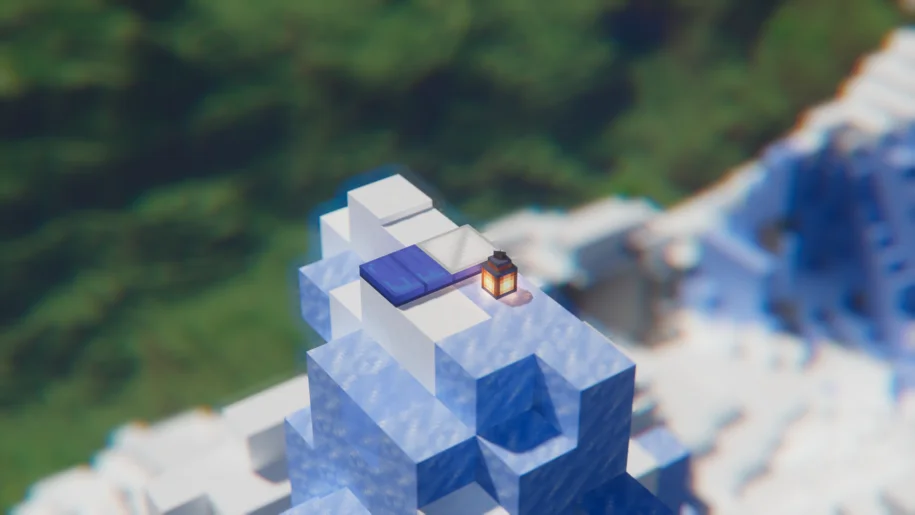 Sleeping bag on top of an icy mountain in Minecraft