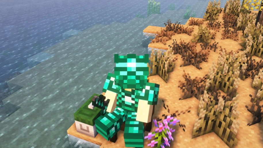 Fishing in Minecraft with full Neptune armor and a tackle box from Aquaculture 2