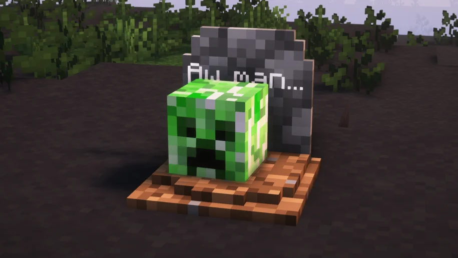Pierre tombale dans Minecraft avec une tête de liane