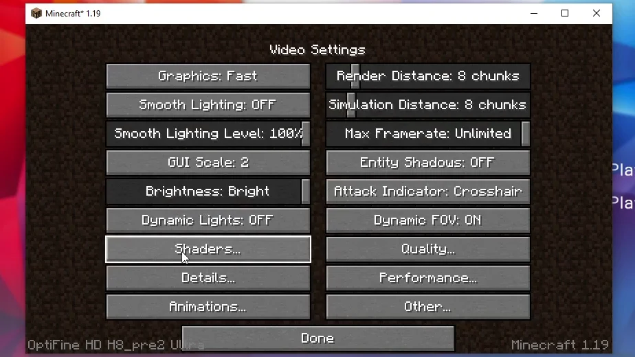 Minecraft video settings with Optifine HD