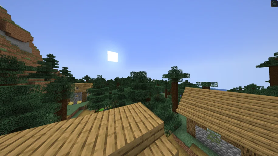 Village Minecraft au milieu d'une forêt d'épicéas