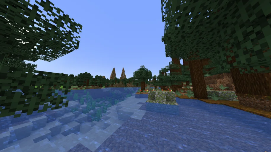 A lake in Minecraft in the middle of a spruce forest