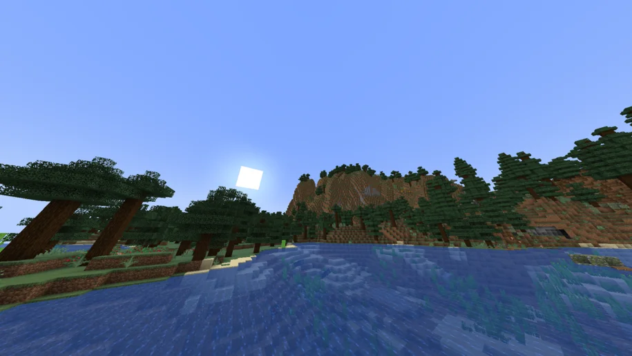 Un lac dans Minecraft au milieu d'une forêt d'épicéas