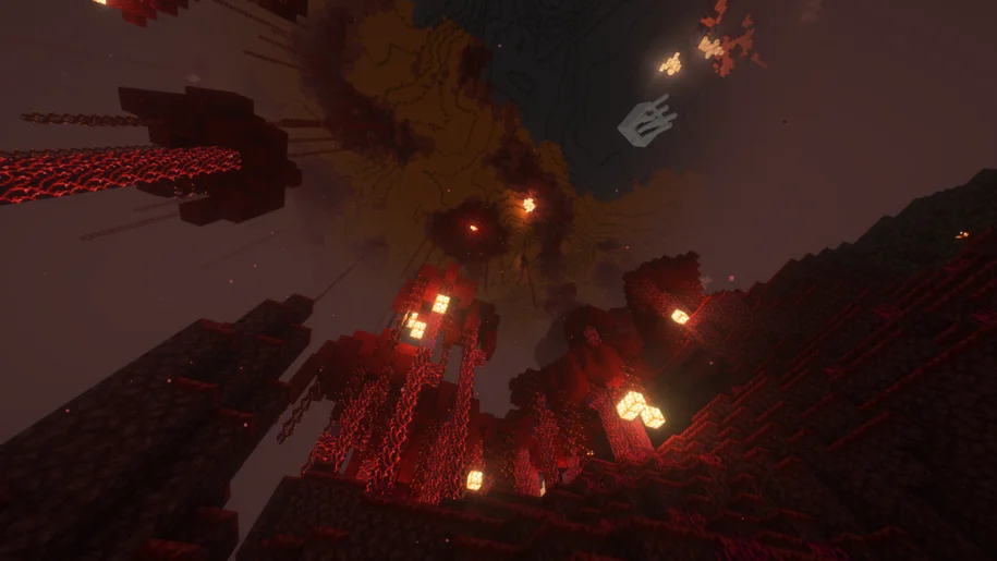 A regular crimson forest with an upside down radioactive biome in the Nether from the Incendium Mod