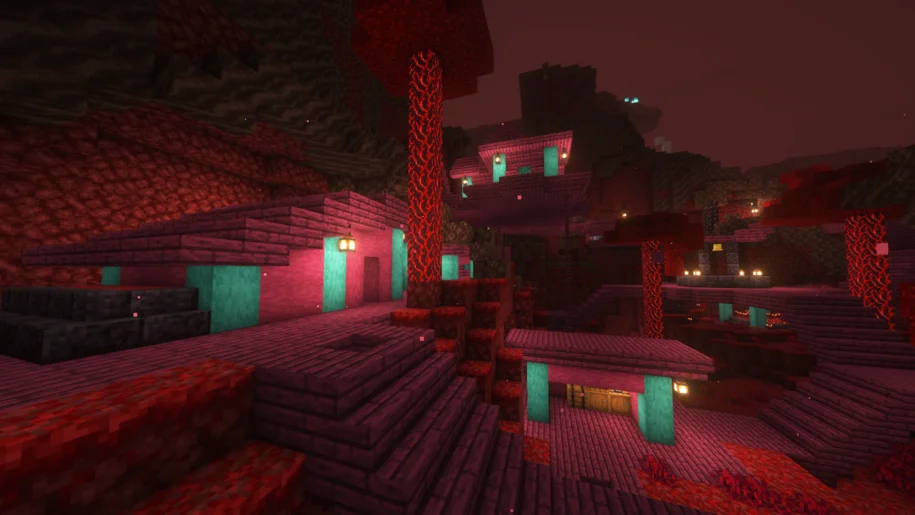 A piglin village in the Nether from the Incendium Mod