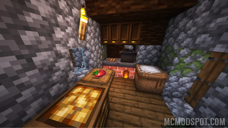 A complete kitchen setup in Minecraft using items from the Farmer's Delight mod