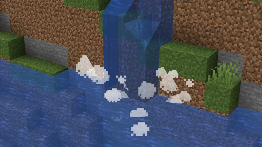 Particules d'eau apparaissant au fond d'une cascade dans Minecraft