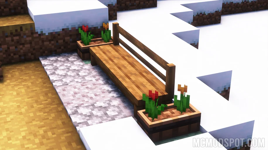 Banc de parc dans Minecraft avec des caisses de fleurs juste à côté du mod Another Furniture